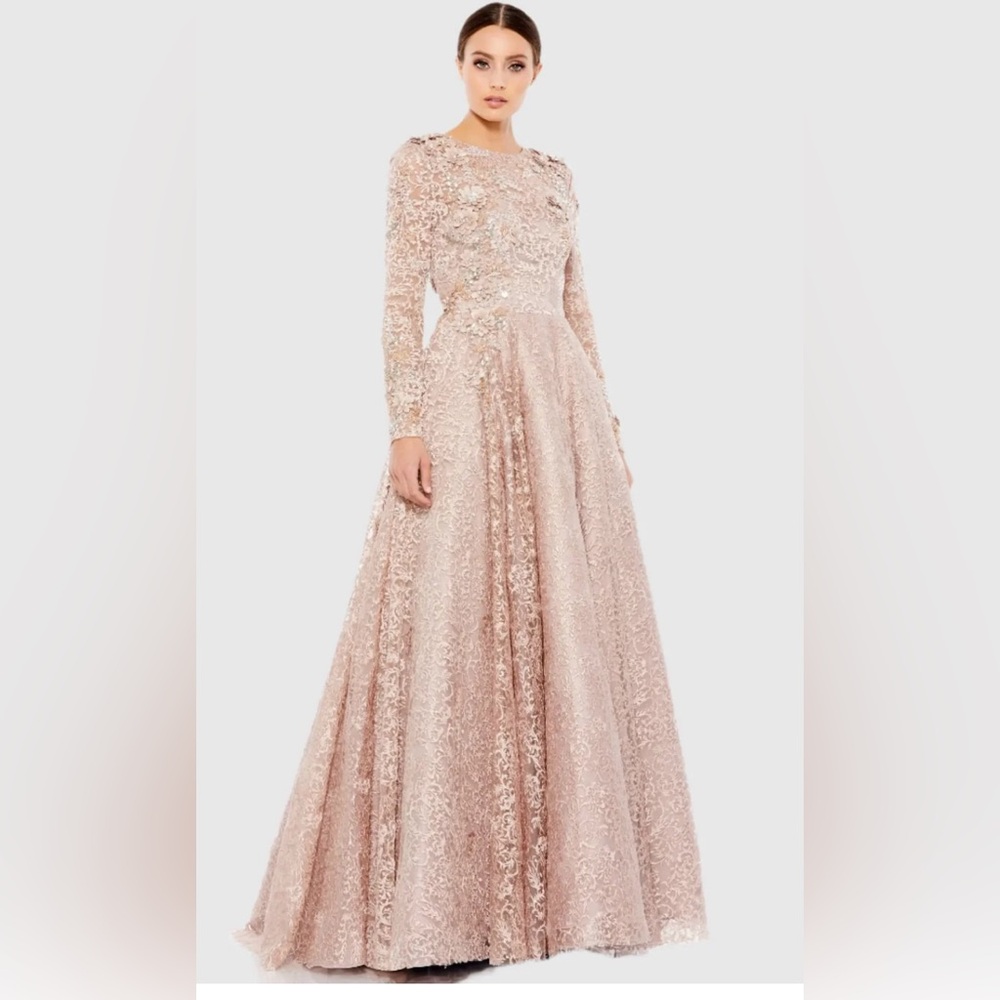 Pink Embellished Illusion Long Sleeve A Line Gown